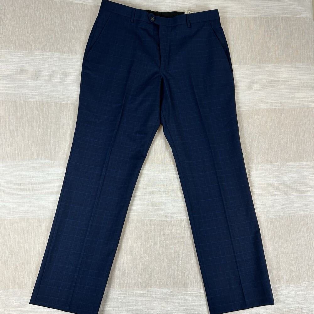 NWT Men's Stafford Blue Glen Plaid Dress Pants Sz‎ 36x32 Flat Front Stretch